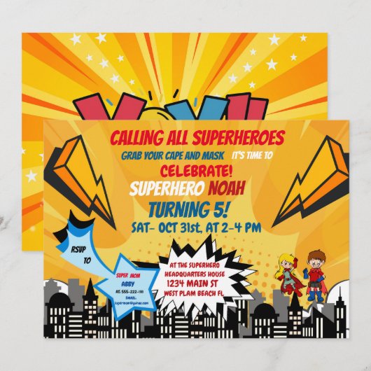 Superheld Halloween Cartoon Comic Invitation Kaart (Voorkant / Achterkant)