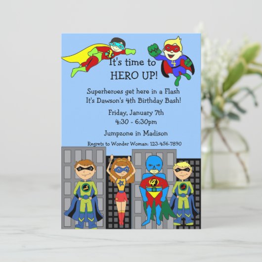 Superheld Hero Up Invitation Kaart (Staand voorkant)