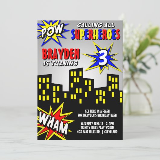 Superheld in de stad Boys Birthday Kaart (Staand voorkant)