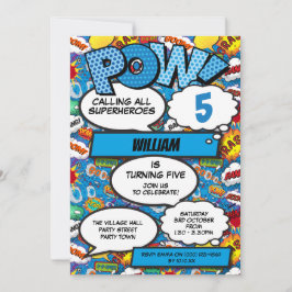 Superheld Jonge Stripboek Verjaardagsfeest Blauw Kaart
