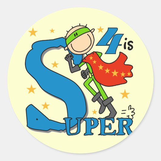 Superheld Jongen 4e Verjaardag Tshirts en geschenk Ronde Sticker (Voorkant)