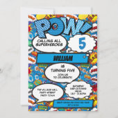 Superheld Jongen Stripboek Verjaardagsfeest Blauw Kaart (Voorkant)