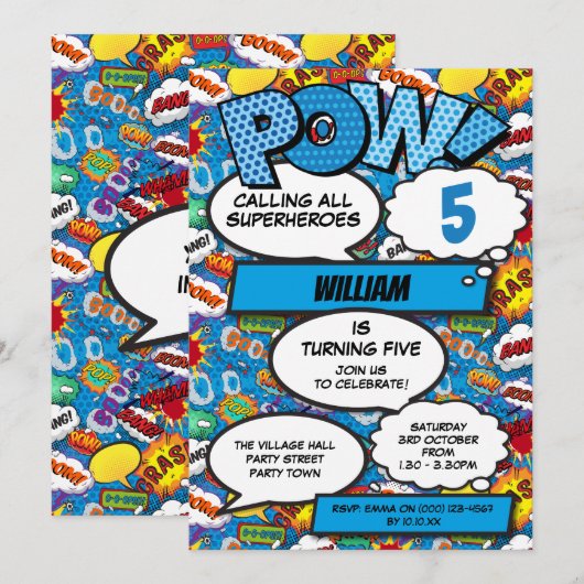 Superheld Jongen Stripboek Verjaardagsfeest Blauw Kaart (Voorkant / Achterkant)
