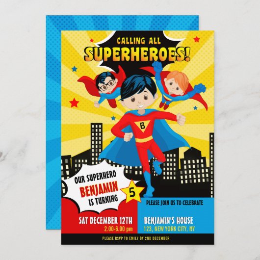 Superheld jongen verjaardagsfeestje uitnodiging (Voorkant / Achterkant)