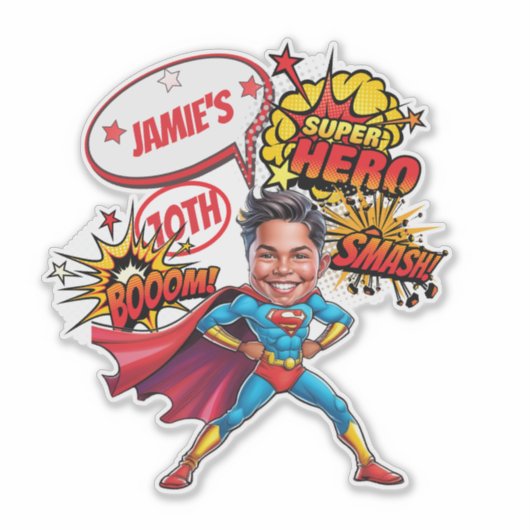 Superheld Karikatuur Actie-Packed Boys Verjaardag Sticker (Voorkant)