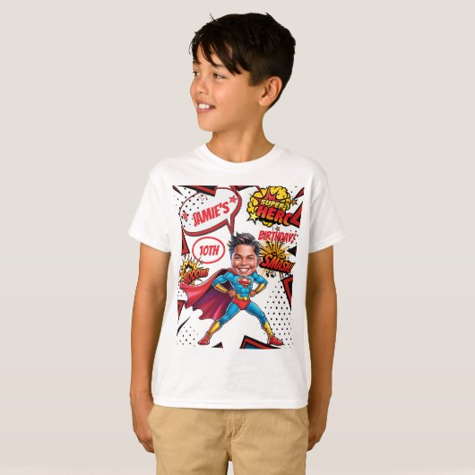 Superheld Karikatuur Actie-Packed Boys Verjaardag T-shirt (Voorkant volledig)