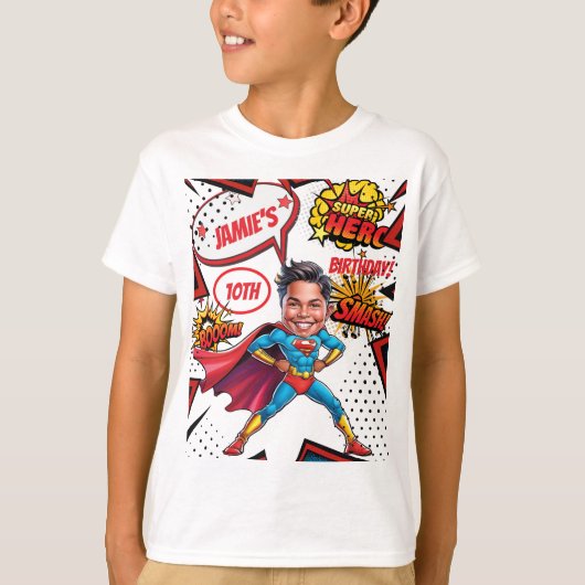 Superheld Karikatuur Actie-Packed Boys Verjaardag T-shirt (Voorkant)