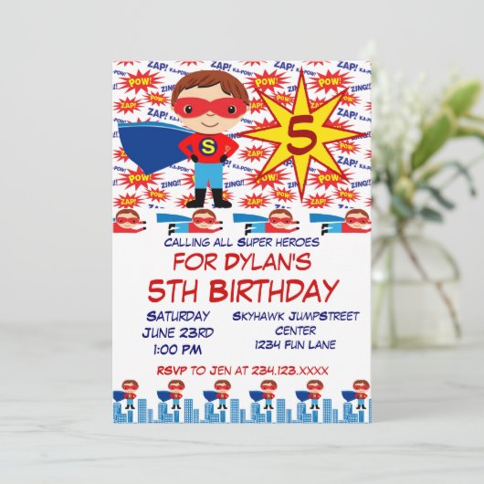 Superheld Kids Birthday Party Uitnodigingen voor j (Staand voorkant)