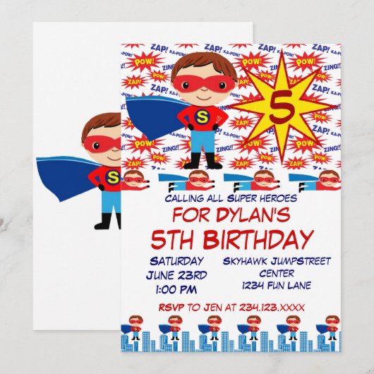 Superheld Kids Birthday Party Uitnodigingen voor j (Voorkant / Achterkant)