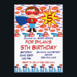 Superheld Kids Birthday Party Uitnodigingen voor j<br><div class="desc">Roep alle Superhelden Kids Birthday Party Uitnodiging sjabloon voor een jongens verjaardagsfeestje. Deze schattige Super Hero-uitvindingen hebben een superheld jongen met een blauwe cape en een rood oogmasker met een S op zijn borst voor Superheld. Het heeft een leuke achtergrond met superheldenwoorden zoals "Pow" "Zing" "Zap" in rood, geel en...</div>