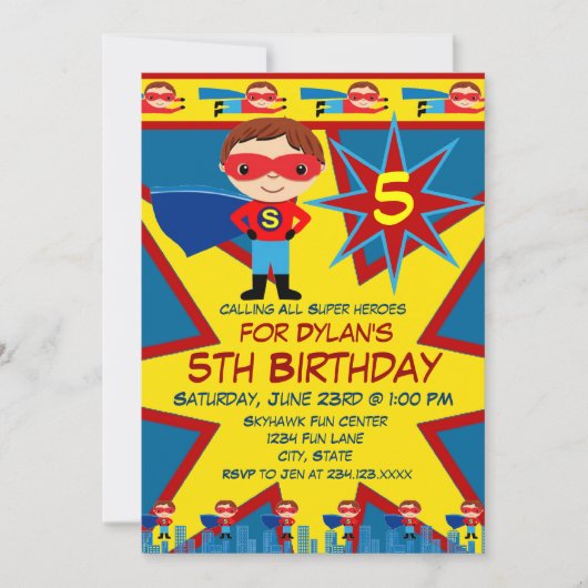 Superheld Kinder Boys Birthday Party Invitation Bl Kaart (Voorkant)