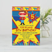 Superheld Kinder Boys Birthday Party Invitation Bl Kaart (Staand voorkant)