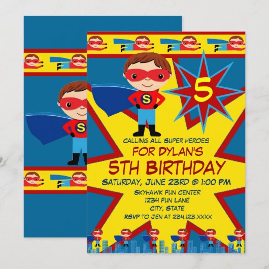 Superheld Kinder Boys Birthday Party Invitation Bl Kaart (Voorkant / Achterkant)