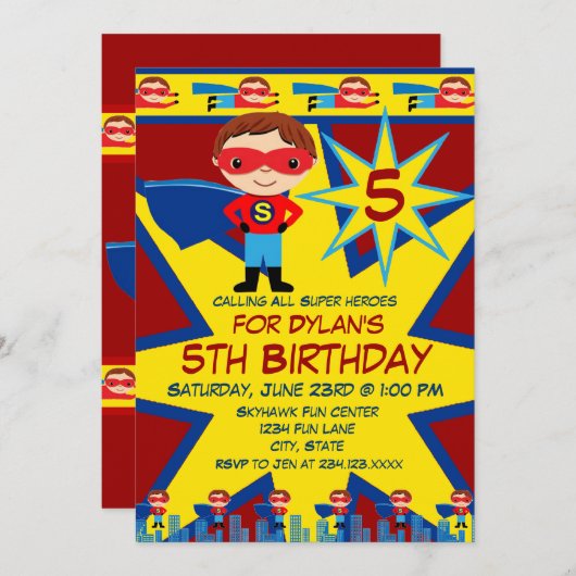 Superheld Kinder Boys Birthday Party Invitation Re Kaart (Voorkant / Achterkant)