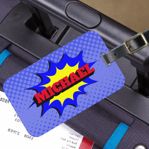 Superheld Kinder Comic Book Persoonlijke naam Bagagelabel