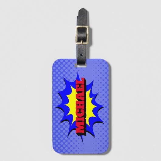 Superheld Kinder Comic Book Persoonlijke naam Bagagelabel (Voorkant (verticaal))