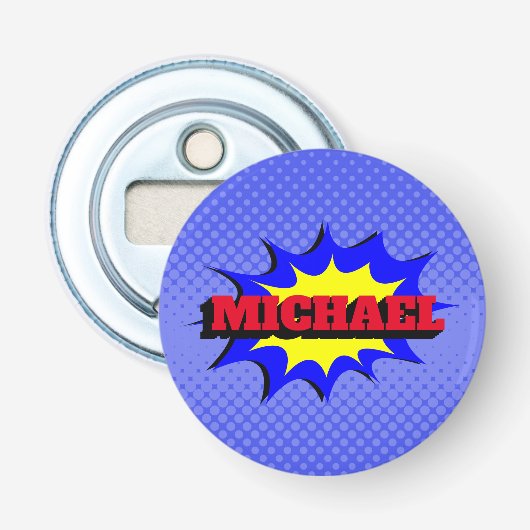 Superheld Kinder Comic Book Persoonlijke naam Button Flesopener (Voorkant)