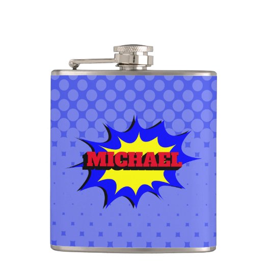 Superheld Kinder Comic Book Persoonlijke naam Heupfles (Voorkant)