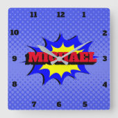 Superheld Kinder Comic Book Persoonlijke naam Vierkante Klok (Voorkant)