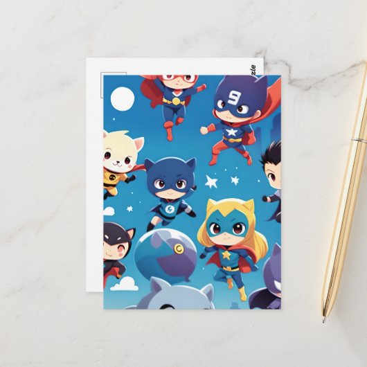 Superheld kinderen vliegen hoog briefkaart (Voorkant / Achterkant in situ)