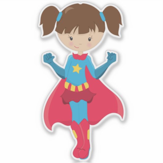 Superheld Meisje, Aardig Meisje, Bruin Haar, Rode  Sticker (Voorkant)