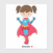 Superheld Meisje, Aardig Meisje, Bruin Haar, Rode  Sticker (Vel)