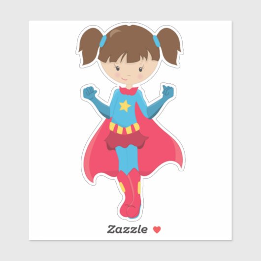 Superheld Meisje, Aardig Meisje, Bruin Haar, Rode  Sticker (Vel)