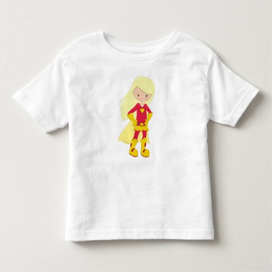 Superheld meisje, blond haar, held, rode kostuum kinder shirts (Voorkant)