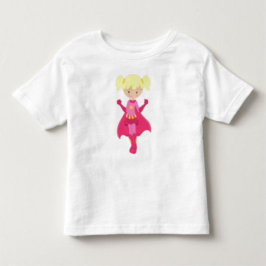 Superheld Meisje, Blond Haar, Roze Cape, Schattig  Kinder Shirts (Voorkant)