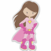Superheld-meisje, bruin haar, juffrouw-meisje, roz sticker (Voorkant)
