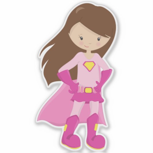 Superheld-meisje, bruin haar, juffrouw-meisje, roz sticker (Voorkant)