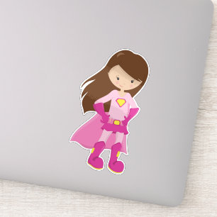 Superheld-meisje, bruin haar, juffrouw-meisje, roz sticker