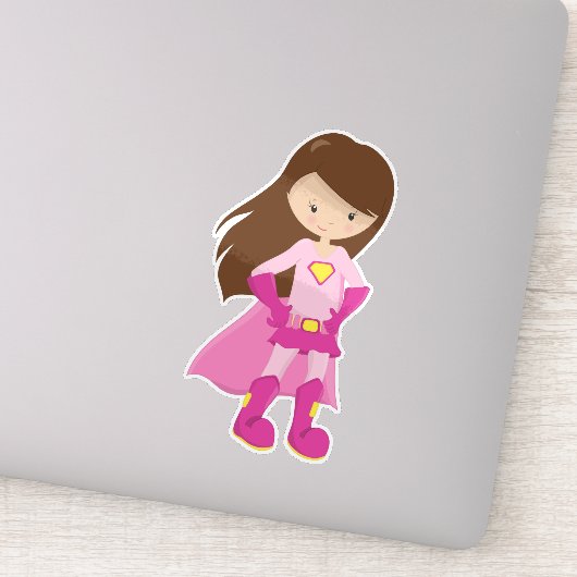 Superheld-meisje, bruin haar, juffrouw-meisje, roz sticker (Detail)