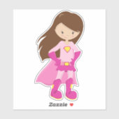 Superheld-meisje, bruin haar, juffrouw-meisje, roz sticker (Vel)