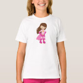 Superheld-meisje, bruin haar, juffrouw-meisje, roz t-shirt (Voorkant)