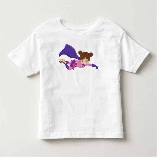 Superheld-meisje, bruin haar, Paarse cape, scheerm Kinder Shirts (Voorkant)