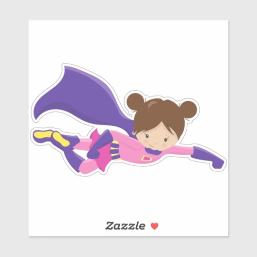 Superheld-meisje, bruin haar, Paarse cape, scheerm Sticker (Vel)