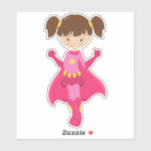 Superheld-meisje, bruin haar, roze cape, scheermei sticker (Vel)