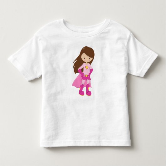 Superheld meisje, bruin haar, schattig meisje, roz kinder shirts (Voorkant)