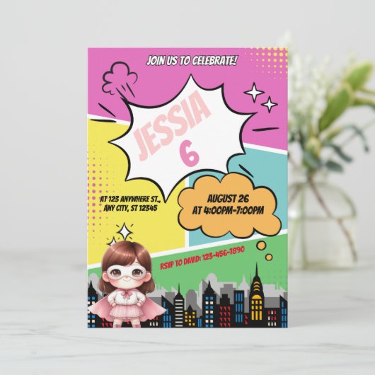 Superheld Meisje Verjaardagsfeestuitnodiging Feestdagenkaart (Staand voorkant)