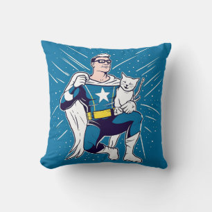 Superheld met zijn kat kussen