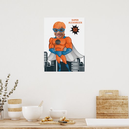 Superheld Musculair Man Oranje Greatest Fun Birthd Poster (Keuken)