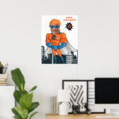 Superheld Musculair Man Oranje Greatest Fun Birthd Poster (Thuiskantoor)