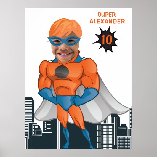 Superheld Musculair Man Oranje Greatest Fun Birthd Poster (Voorkant)