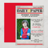 Superheld Newspaper Birthday Uitnodiging (Voorkant / Achterkant)