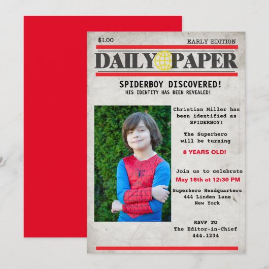 Superheld Newspaper Birthday Uitnodiging (Voorkant / Achterkant)