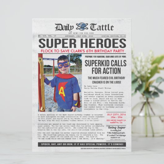 Superheld Newspaper Invitation - 6,5 x 8,75 Kaart (Staand voorkant)