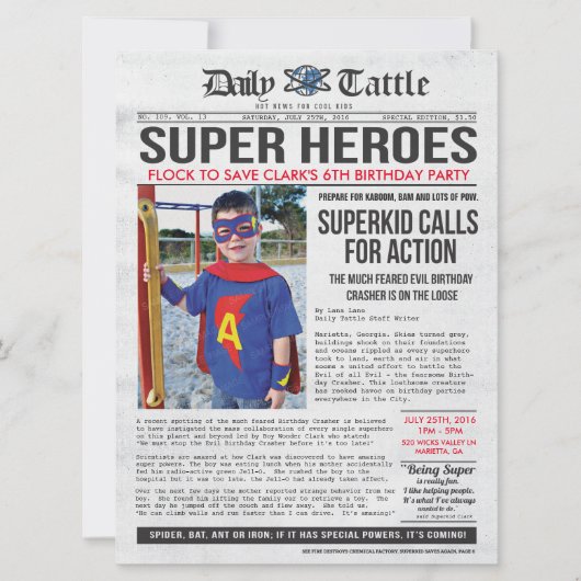 Superheld Newspaper Invitation - 6,5 x 8,75 Kaart (Voorkant)
