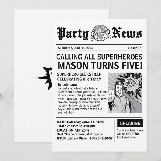 Superheld Nieuwsblad Uitnodiging voor Verjaardag (Voorkant / Achterkant)