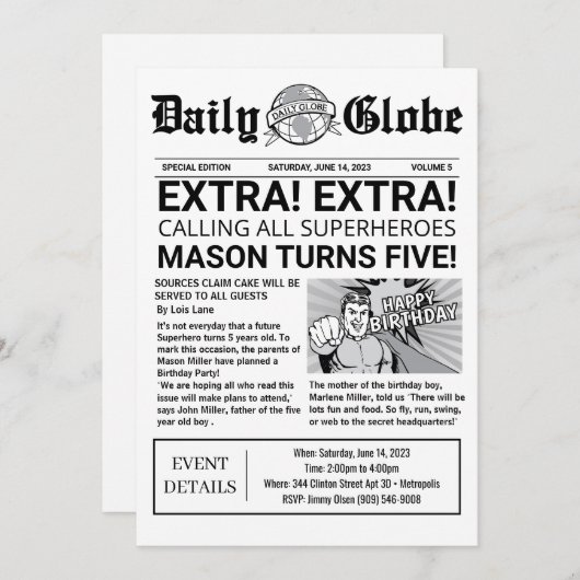 Superheld Nieuwsblad Uitnodiging voor Verjaardag (Voorkant / Achterkant)